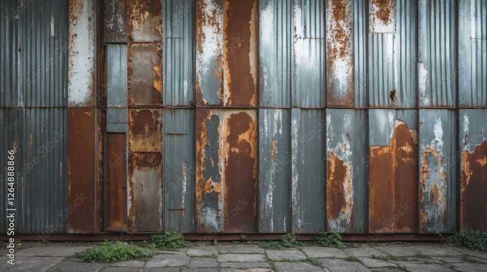 Poster rusty corrugated metal wall with peeling paint and weathered texture covered in greenery on the grou
