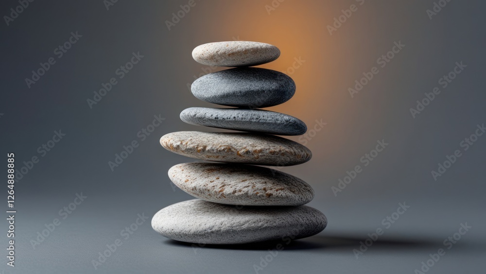 Poster Stacked smooth pebbles arranged in a balanced formation on a soft gray background with subtle light highlighting the top stone Copy Space