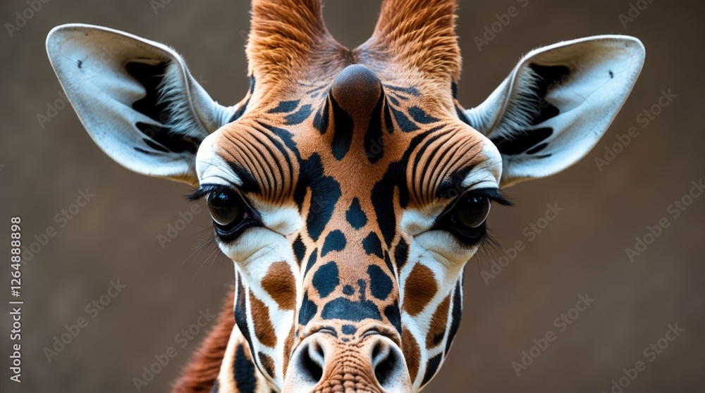 Poster close-up portrait of a giraffe showcasing unique facial patterns and expressive eyes with soft backg