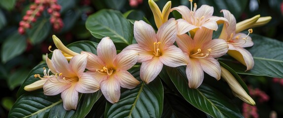 Obraz premium Tropical flowering plants with pink and yellow blooms surrounded by green foliage on a blurred background Copy Space