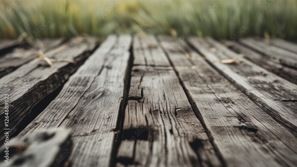 Poster Weathered wooden planks of a rustic deck with blurred green grass in background providing ample copy space for text placement