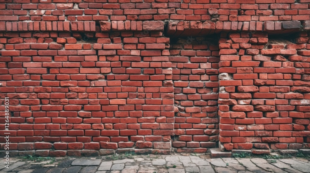 Aufkleber textured brick wall with uneven red bricks and an archway opening on cobblestone pavement ideal for 