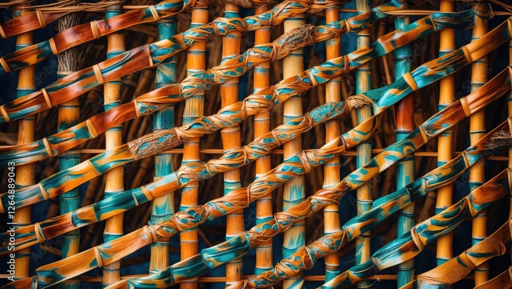 Poster colorful woven texture with intricate patterns of orange and turquoise on natural fibers suitable fo