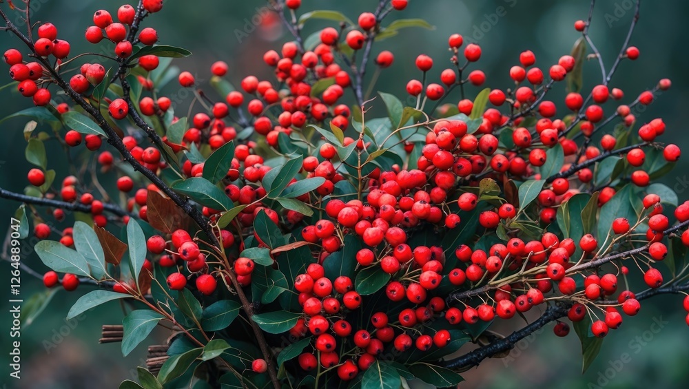 Poster red berries with green leaves on branches in natural setting showcasing vibrant color contrast and d