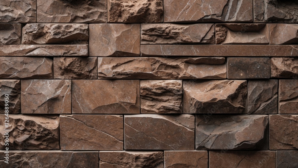 Poster textured brown stone wall background with various sizes of irregularly shaped bricks suitable for ar