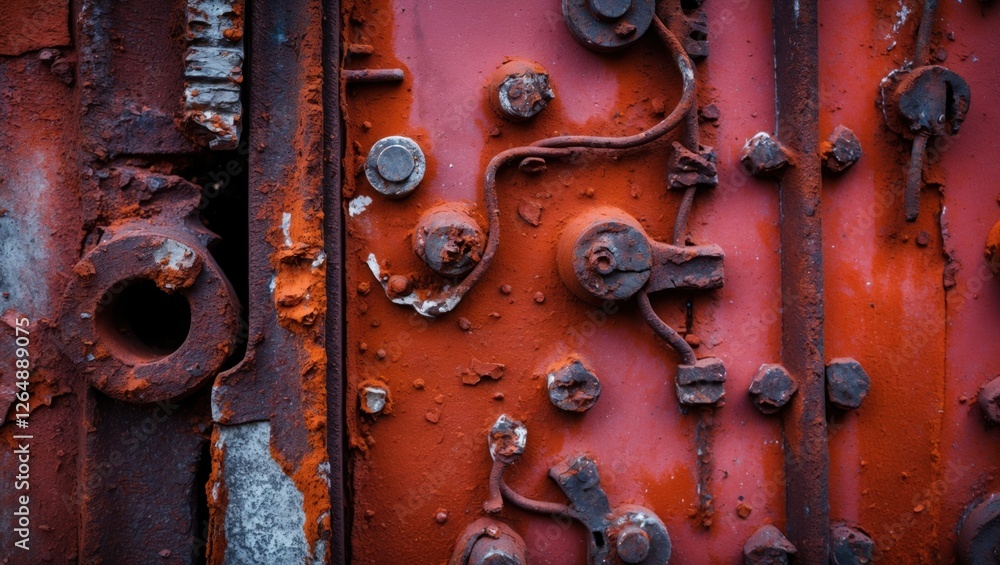 Poster rusty metal surface with bolts and wires featuring red and orange tones and textured details suitabl