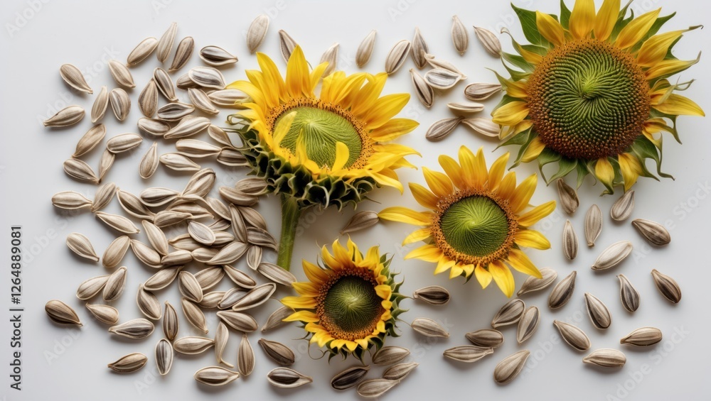 Poster sunflowers and sunflower seeds arranged on a surface with copy space for text placement.