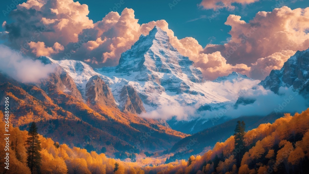 Poster majestic snow-capped mountain peak surrounded by colorful autumn foliage and dramatic clouds in the 
