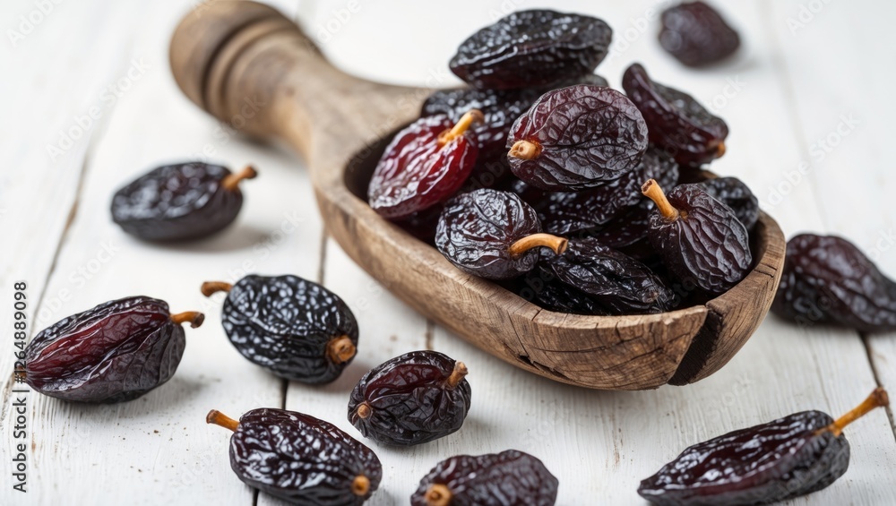 Poster dried black plums in a wooden scoop on a rustic table with additional plums scattered around copy sp