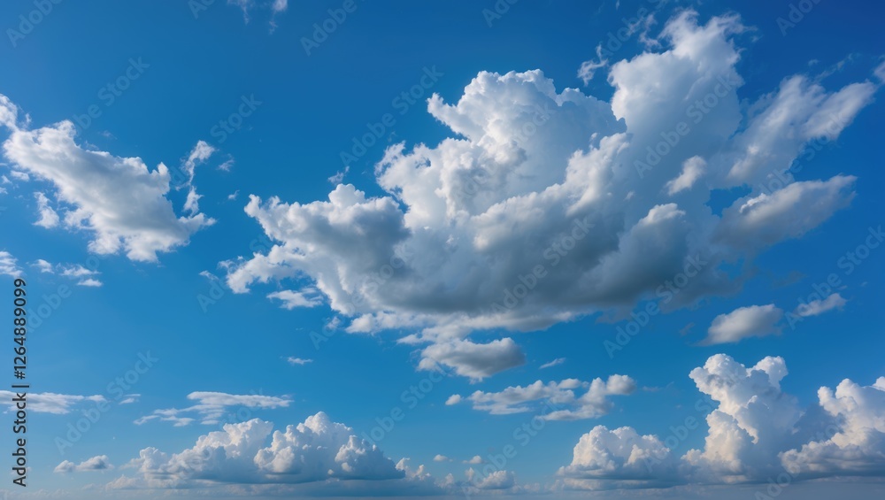 Poster fluffy white clouds scattered across a bright blue sky with soft light and copy space for text place