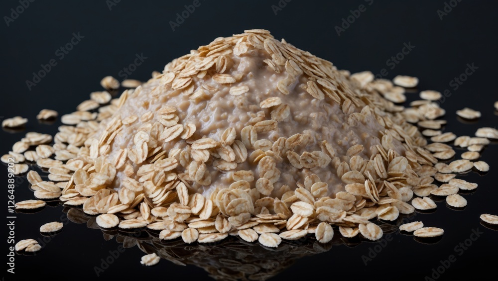 Poster oatmeal pile with rolled oats scattered on dark reflective surface showcasing texture and detail wit