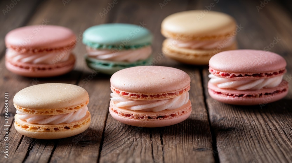 Poster Colorful macarons on rustic wooden background with natural lighting displaying various flavors and textures. Copy Space
