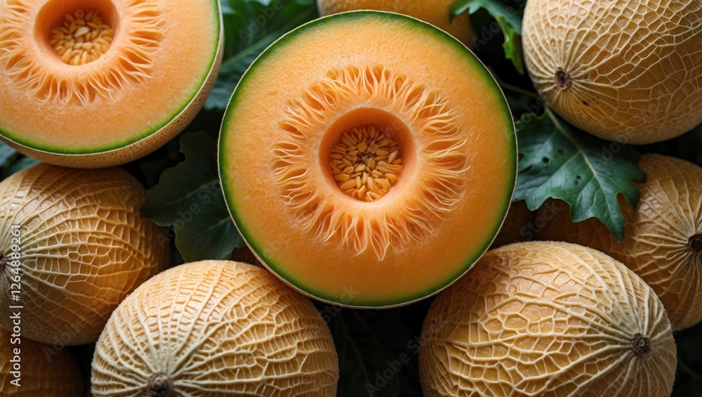 Poster fresh cantaloupe melons sliced open showcasing vibrant orange flesh surrounded by whole melons and g