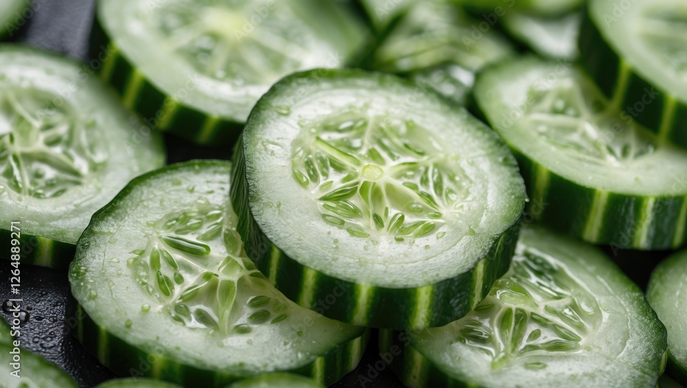 Poster Freshly sliced cucumber rounds on a dark background with water droplets providing texture and freshness with Copy Space