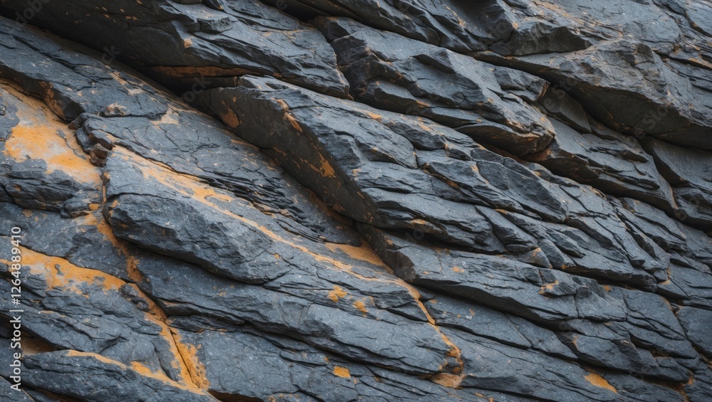 Poster close-up texture of layered gray rock surface with orange streaks and natural erosion patterns suita