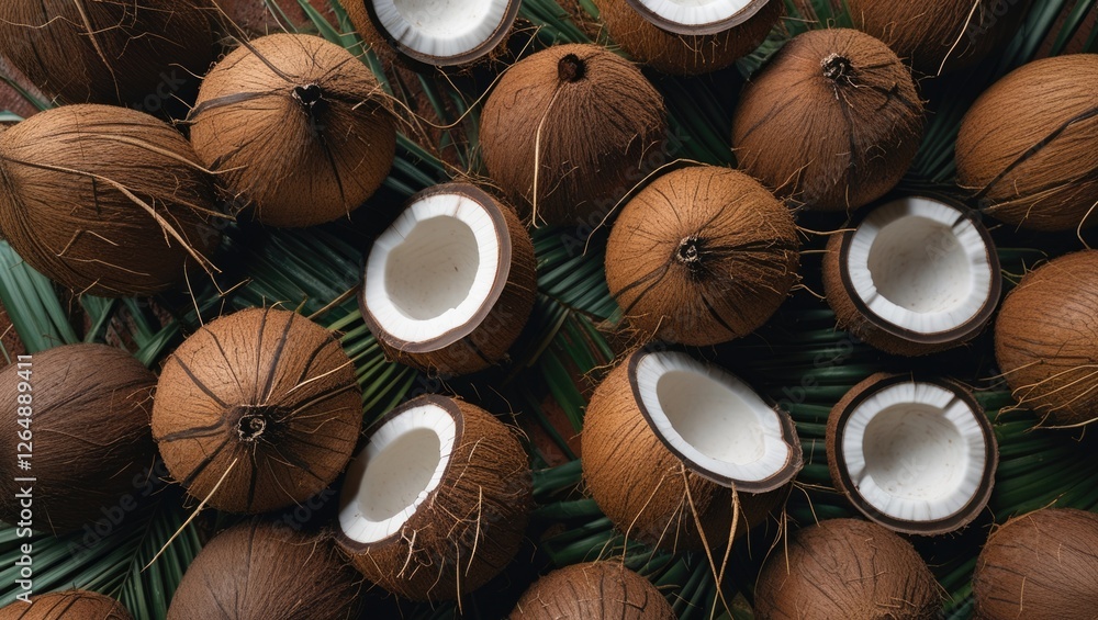 Poster coconuts arranged on green palm leaves with some halved to reveal the white flesh and inner shell st
