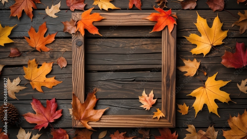 Poster wooden photo frame surrounded by colorful autumn leaves on a rustic wooden background with copy spac