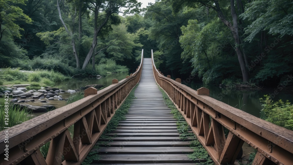 Poster wooden pedestrian bridge extending over a calm river surrounded by lush greenery in a serene forest 