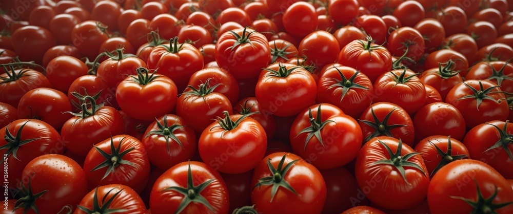 Poster fresh ripe tomatoes with green stems arranged closely together on a surface copy space
