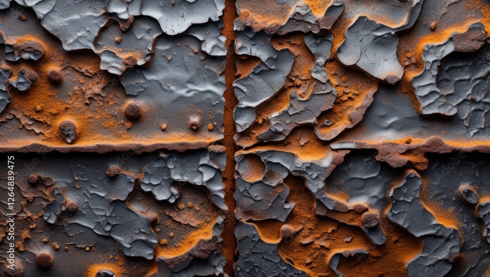 Poster textured abstract surface of weathered metal with rust and peeling paint in gray and orange tones su