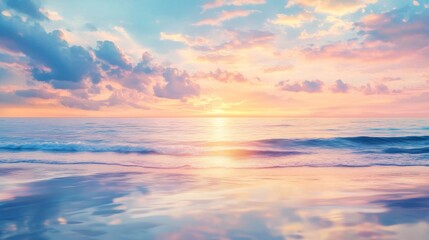 Naklejka premium Abstract seascape blur, gentle sunset colors, smooth ocean reflection, pastel cloud formations, serene horizon blend, tranquil water surface, impressionist style