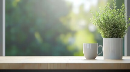 White Mug and Potted Plant on Wooden Desk by Window