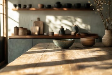 Obraz premium rustic wooden table surface in soft focus kitchen interior, warm ambient lighting, minimalist composition with depth
