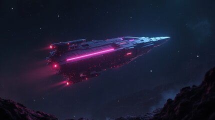 Neon Spaceship Hovering in Darkness