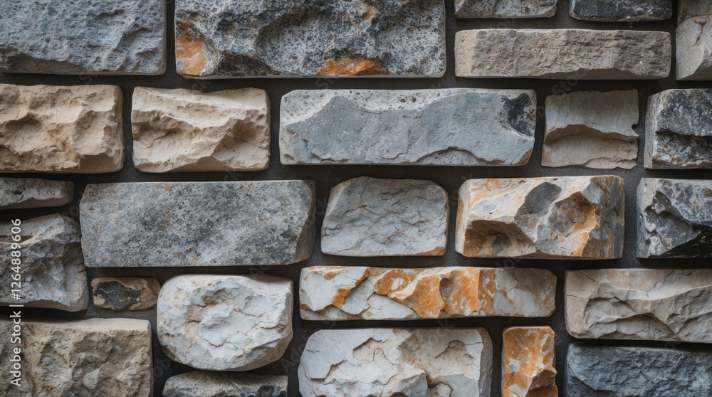 Poster textured stone wall with various sizes and colors of rocks in a natural arrangement and neutral tone