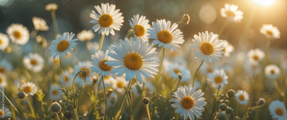 Aufkleber field of blooming daisies with sunlight creating a warm atmosphere and soft bokeh background natural