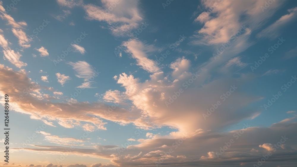 Poster Beautiful sky with soft clouds during sunset creating a serene atmosphere and various shades of blue and orange Copy Space