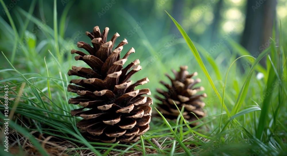 Poster Pinecones on lush green grass in a natural forest setting with soft focus background and ample copy space for text