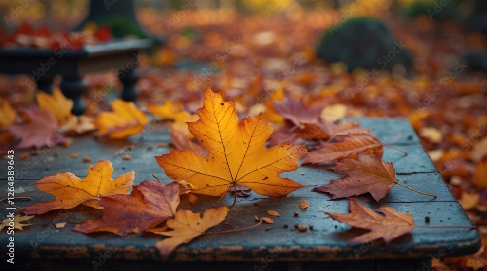 Poster Autumn scene with fallen colorful leaves on a rustic table in a forest setting natural lighting Copy Space