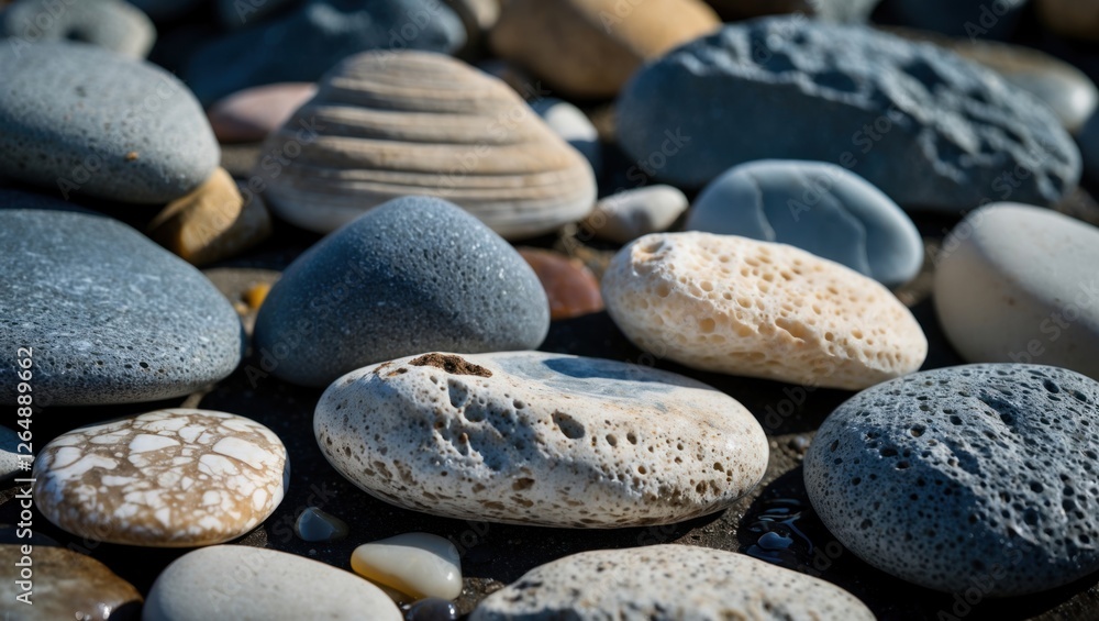 Aufkleber Various smooth pebbles and stones on a beach surface close-up view with different textures and colors Copy Space
