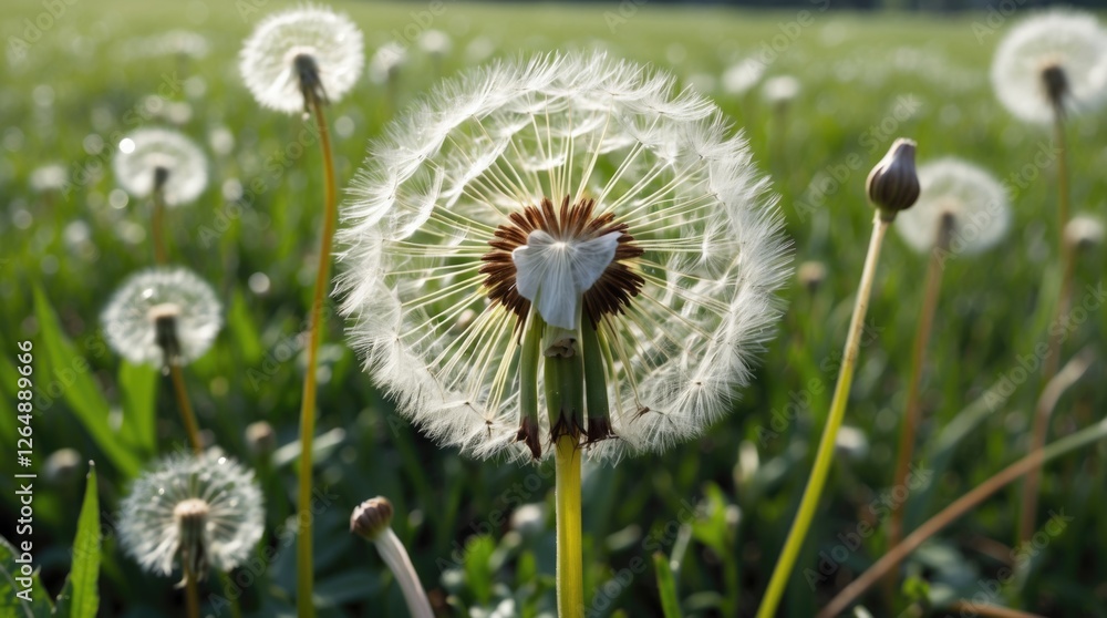 Poster Close-up view of dandelion seed heads on green grass field with natural lighting and shallow depth of field Copy Space