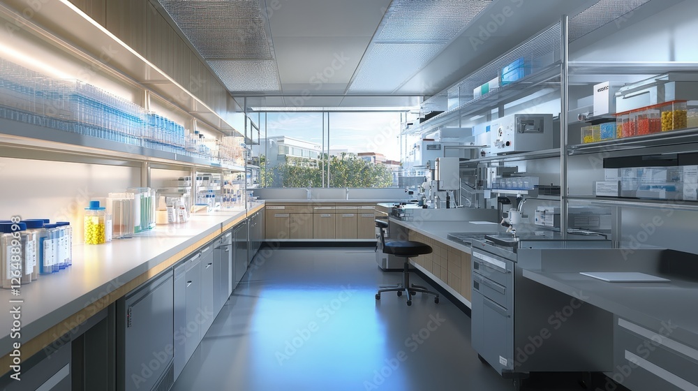 Poster a medical science lab where researchers develop vaccines, working with pathogens and using advanced 