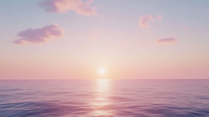 Fototapeta premium Defocused ocean sunset, delicate pastel sky gradient, peaceful seascape blur, soft cloud streaks, muted color palette, minimalist horizon line, dreamy atmosphere