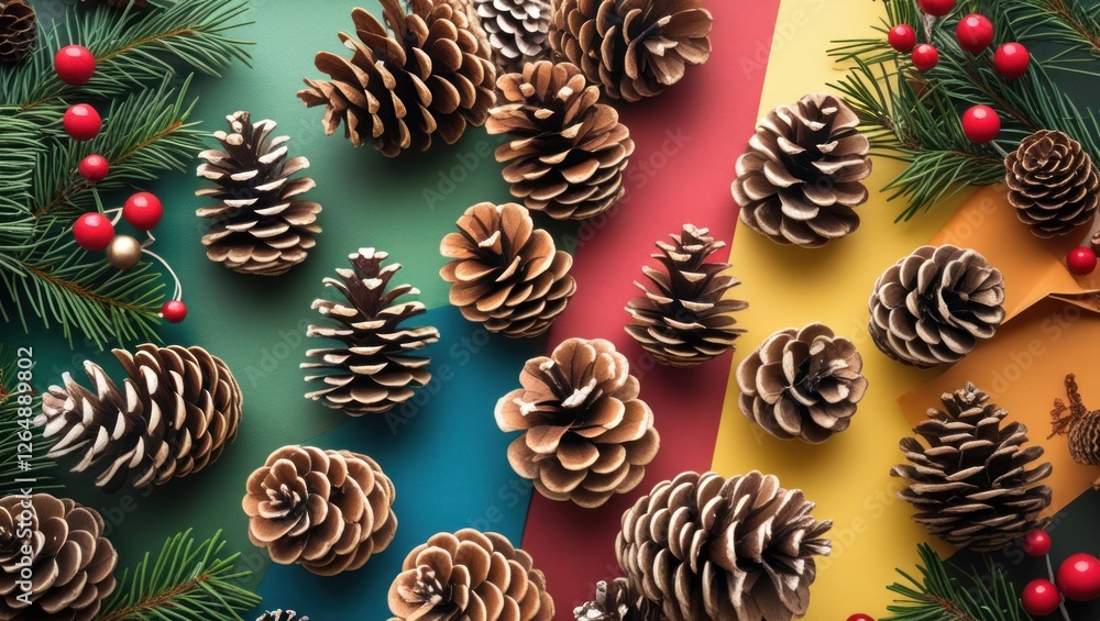 Poster colorful background with pine cones and festive decorations including holly leaves and berries with 