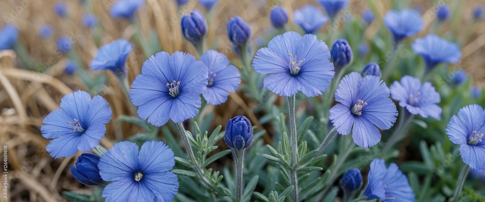 Poster blue flowers in a natural field setting with soft focus background and visible green foliage providi