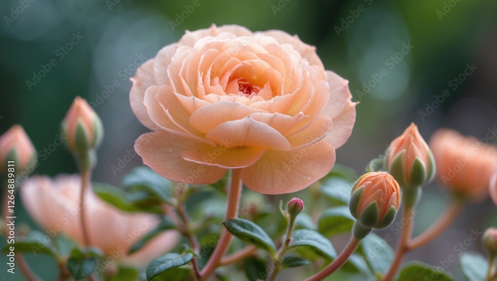 Aufkleber peach rose flower with buds in a garden setting with blurred green background and plenty of copy spa