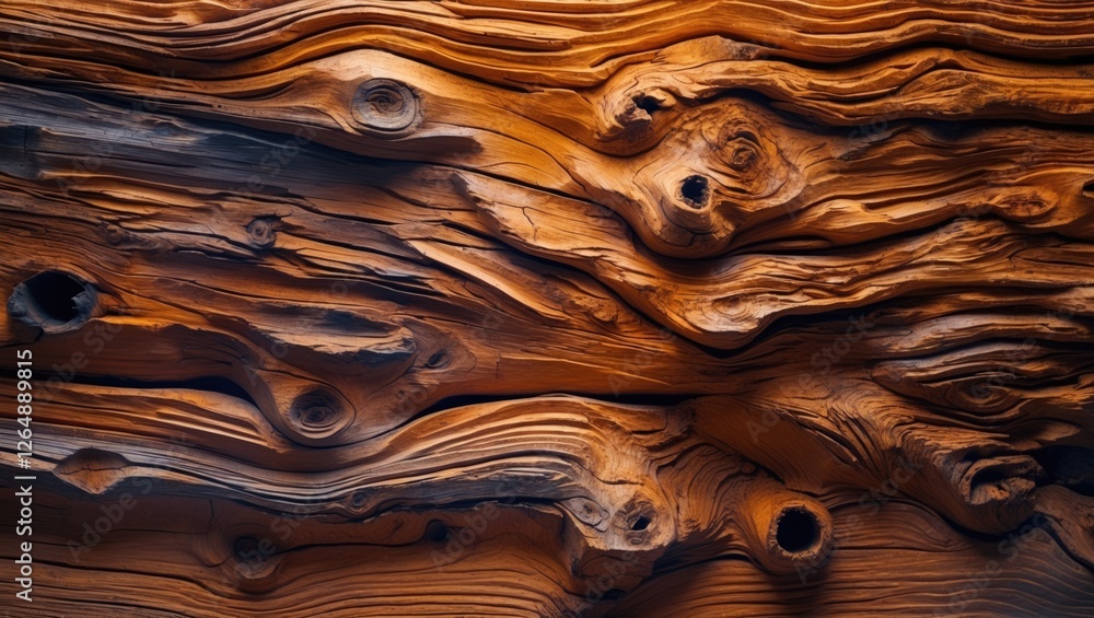 Poster detailed close-up of textured wooden surface with rich patterns and organic holes showcasing natural