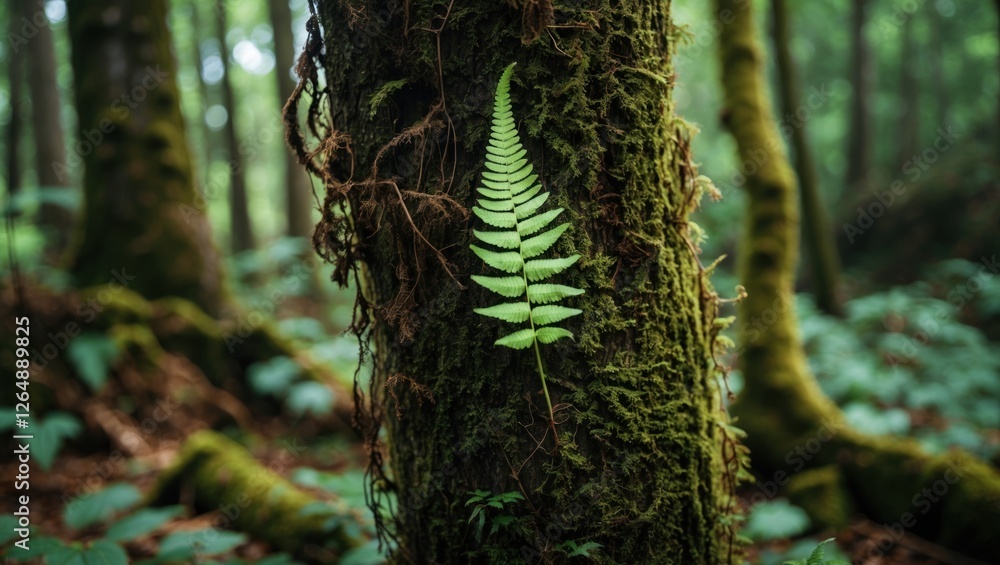 Poster green fern leaf attached to a moss-covered tree trunk in a lush forest environment with soft natural