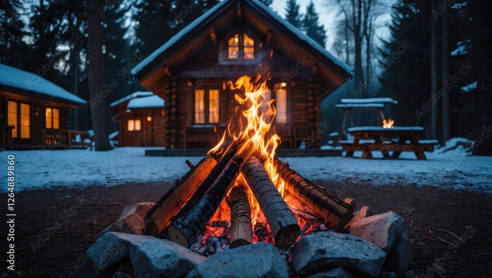 Poster cozy log cabin in snowy forest with warm campfire in foreground creating inviting atmosphere and cop