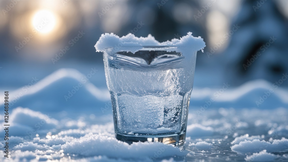 Poster glass of water surrounded by fresh snow in a winter landscape with sun in the background and soft fo