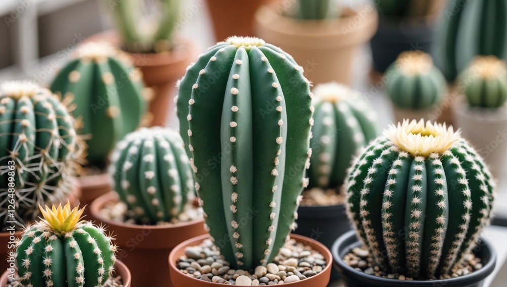 Poster various types of cacti in pots with decorative stones arranged in an indoor setting surrounded by gr