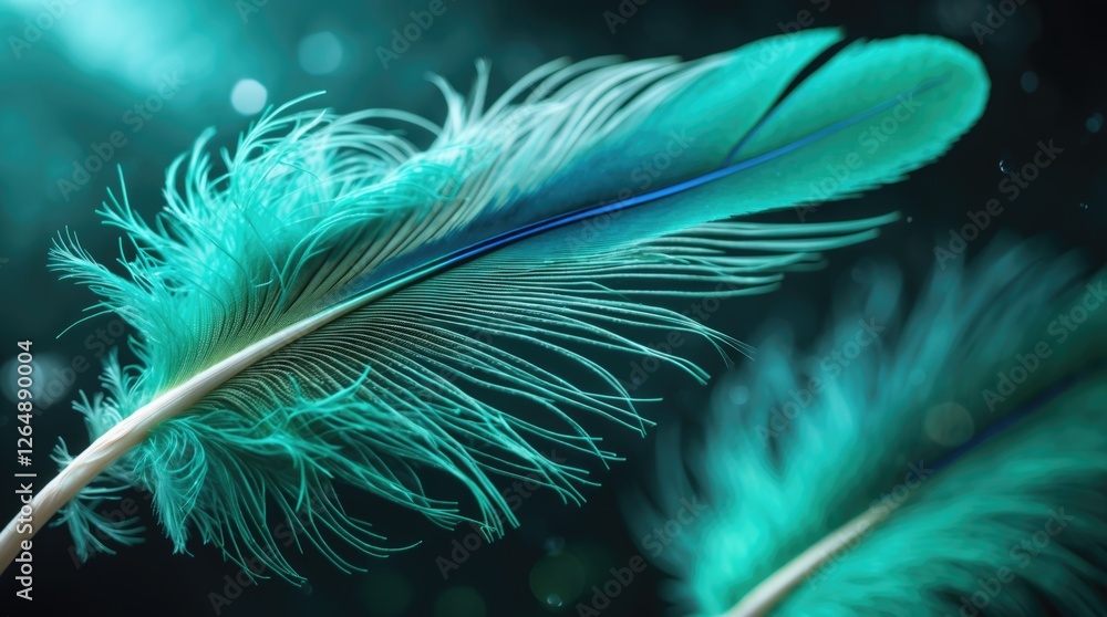 Leinwandbilder Close-up of delicate turquoise feathers with intricate details and soft textures against a dark background with blurred bokeh effect Copy Space