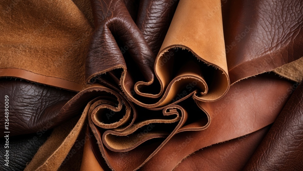 Poster variety of textured leather sheets in warm tones arranged in a circular formation with natural folds