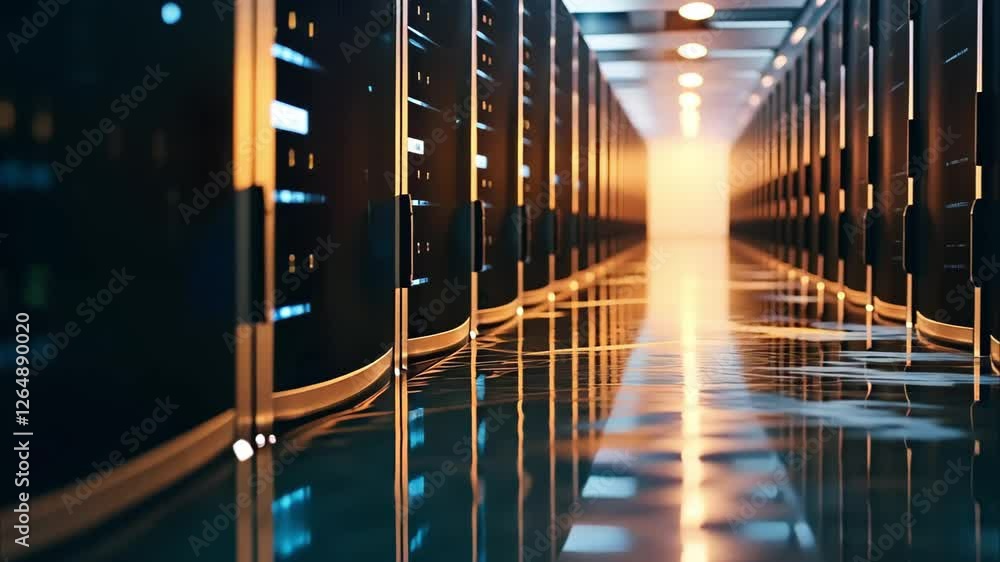 Aufkleber a corridor of data servers is shown, illuminated with ambient light and reflected in a shiny floor s