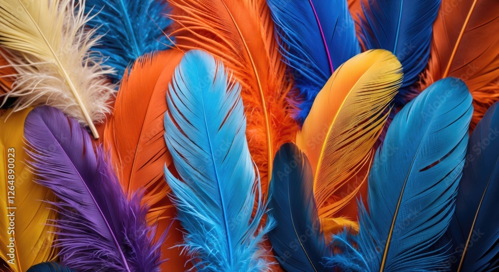 Aufkleber colorful feathers background in orange, blue, purple and yellow shades with intricate textures and p