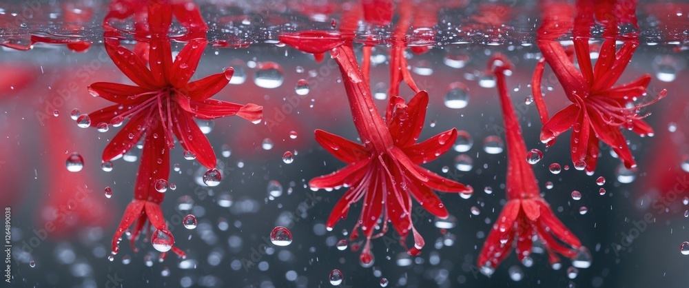 Poster red flowers submerged in water with droplets on surface creating a dynamic and vibrant underwater sc
